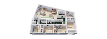 A 3D floor plan of a house with multiple rooms and furniture.