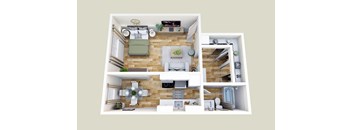 a 3d floor plan of a house with a bedroom and a living room