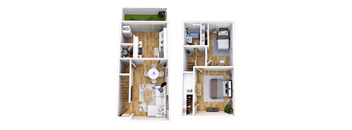 Two floor plans of a house with a living room, kitchen, and bedrooms.