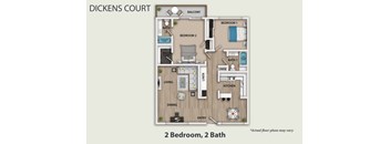 A floor plan of a Dickens Court apartment with two bedrooms and two bathrooms.