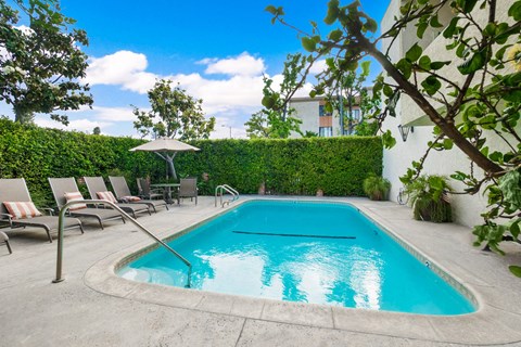 A small pool surrounded by chairs and plants.