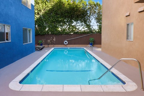 A small blue pool with a metal ladder.