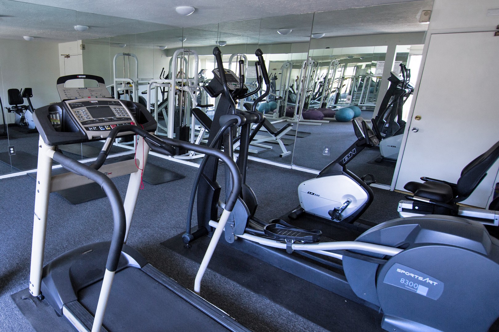 A gym with treadmills, elliptical machines, and other exercise equipment.