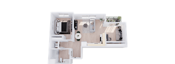 A top-down view of a house layout with a living room, kitchen, dining area, and bedrooms.