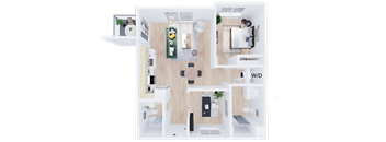 A top-down view of a well-organized apartment with a living room, kitchen, and two bedrooms.
