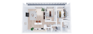 A top-down view of a well-organized room with a kitchen, living room, and bathroom.