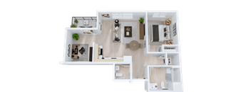 A top-down view of a house layout with a living room, kitchen, and two bedrooms.