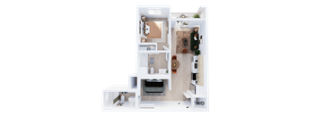 A white and wood floor plan of a home with a living room, kitchen, and bathroom.