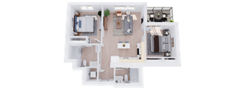 A top-down view of a well-organized apartment with a living room, kitchen, and bedroom.