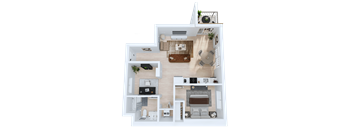 A top-down view of a modern apartment layout with a living room, kitchen, and bedrooms.