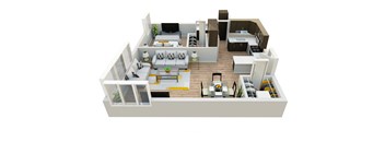 A 3D rendered image of a modern apartment layout.