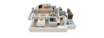 A 3D rendered image of a modern apartment layout.