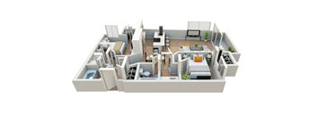 A 3D floor plan of a house with a kitchen, living room, and bedrooms.