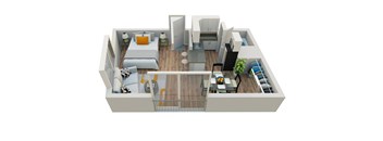 A 3D floor plan of a small apartment with a bedroom, living room, kitchen, and bathroom.