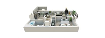 A 3D floor plan of a modern apartment with a kitchen, living room, and bedrooms.