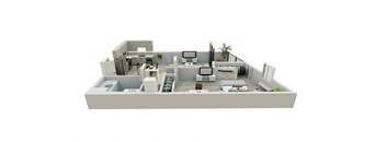A 3D rendered image of a modern house interior.
