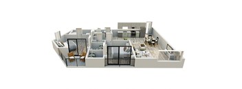 A 3D floor plan of a house with a kitchen, living room, and bedrooms.