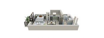 A 3D rendered image of a modern apartment layout.