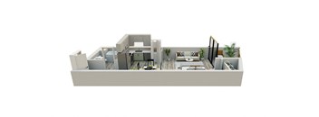 A white floor plan of a house with a kitchen, living room, and two bedrooms.