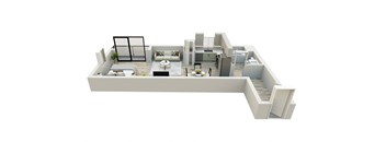 A 3D floor plan of a house with a living room, kitchen, and two bedrooms.
