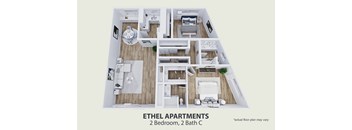 a bedroom floor plan with a bathroom and a living room