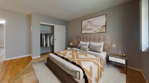 a bedroom with a bed and a closet