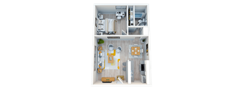 A top-down view of a well-organized apartment with a kitchen, living room, and bathroom.
