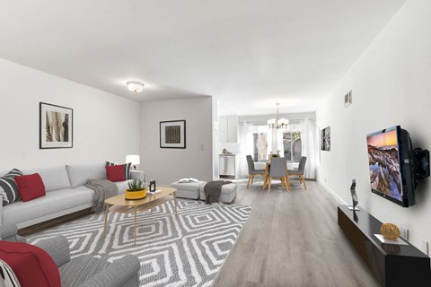 A living room with a grey and white patterned rug, a grey sofa, a wooden coffee table, and a television on the wall.