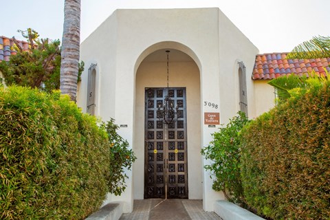 a building with a door and a palm tree