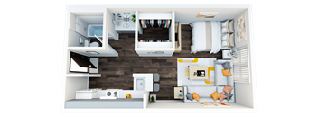 a 3d rendering of a bedroom and living room with a wood floor