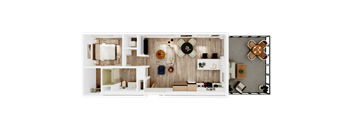 A dollhouse floor plan with rooms and furniture.