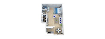 A top-down view of a small apartment with a kitchen, living room, and bedroom.