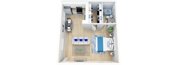 A top-down view of a small apartment with a kitchen, living room, and bedroom.