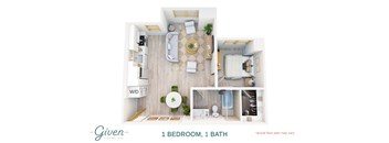 A floor plan of a small apartment with one bedroom and one bathroom.