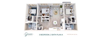 A floor plan of a 3 bedroom, 2 bathroom apartment.