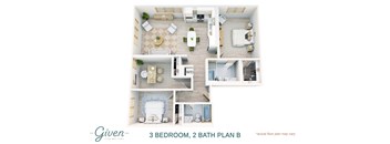 A 3 bedroom, 2 bath plan is shown.