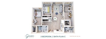 A floor plan of a 3 bedroom, 2 bathroom apartment.