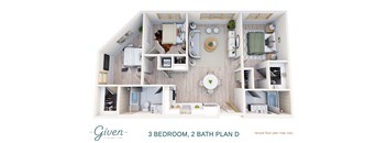A 3 bedroom, 2 bath plan D layout of a house.