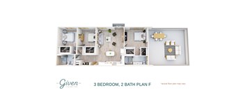 A floor plan of a 3 bedroom, 2 bathroom apartment.