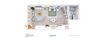 A floor plan of a studio apartment with a kitchen, living room, and bedroom.
