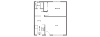 A floor plan of a living space with a kitchen, dining area, and bedroom.