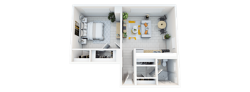 A top-down view of a small, neatly organized apartment with a bedroom, living room, and kitchen.