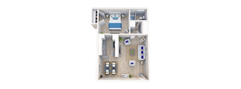 A 3D floor plan of a small apartment with a bedroom, living room, and kitchen.