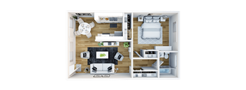 A top-down view of a small apartment with a living room, kitchen, and bedroom.