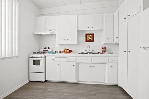 A white kitchen with a fridge, oven, and sink.
