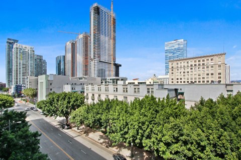 A cityscape with a mix of modern and older buildings, a tree-lined street, and a clear blue sky.