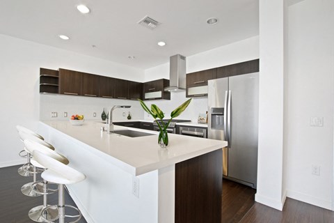 A kitchen with a white counter top and a plant on it.