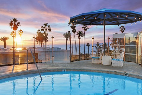A pool surrounded by palm trees at sunset.