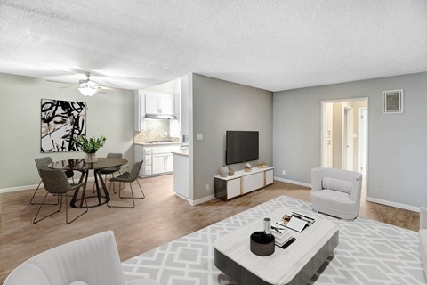 A living room with a white couch and a television.
