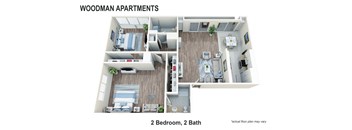 a 3d floor plan of a two bedroom apartment